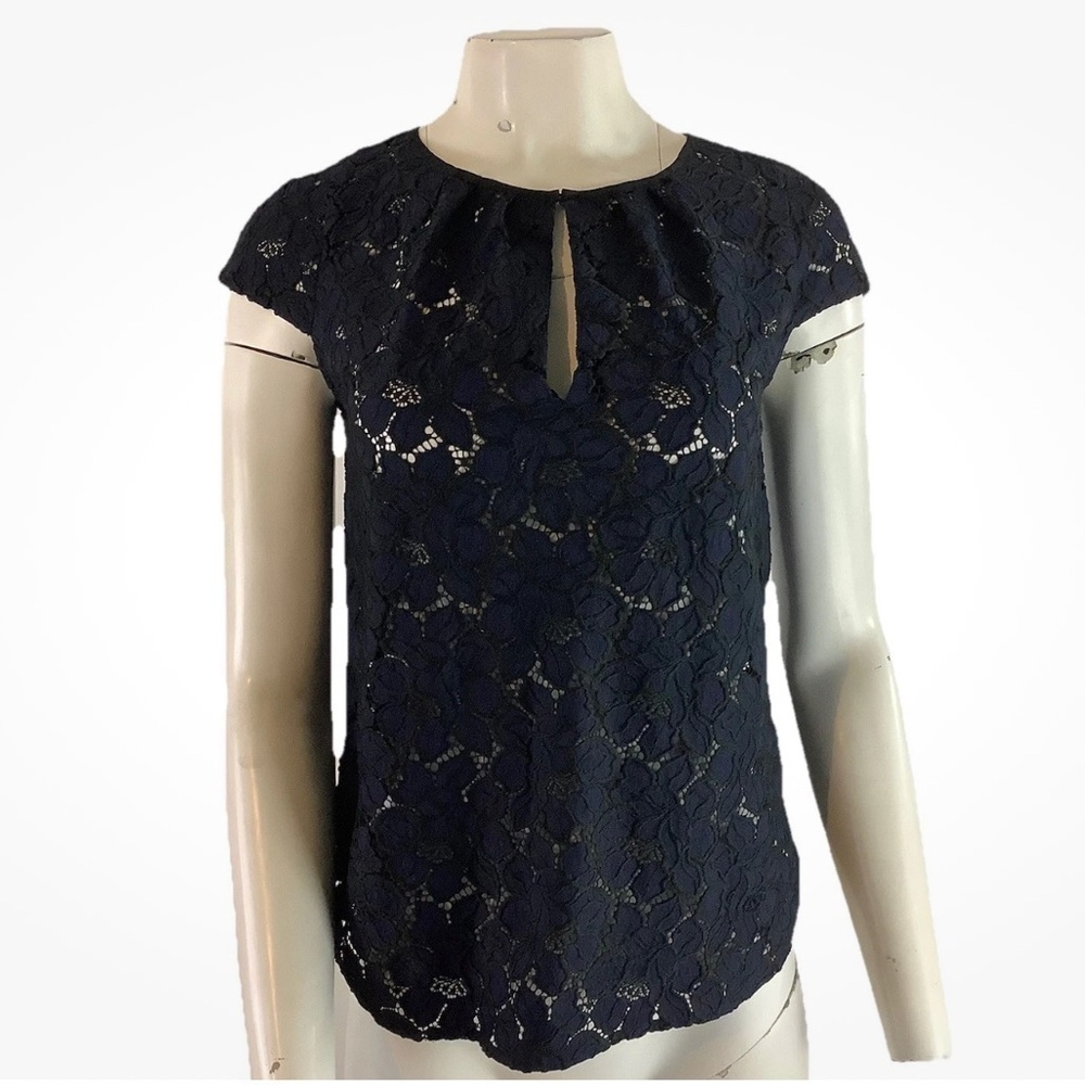 J Crew Sz 0 Floral Lace Cap Sleeve Blouse Blue Nylon Polyester Sheer Top